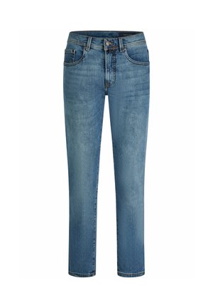 Lichtblauwe denim jeans met een straight leg ontwerp, vijf-pocket stijl en contrasterende stiksels. Voorzien van een knoop en ritssluiting.