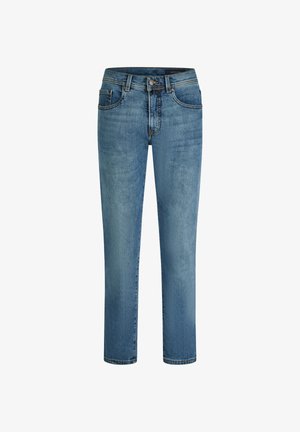 Lichtblauwe denim jeans met een straight leg ontwerp, vijf-pocket stijl en contrasterende stiksels. Voorzien van een knoop en ritssluiting.