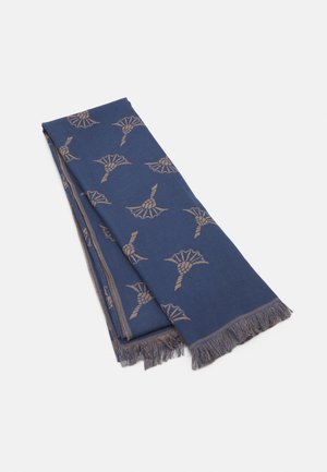 Blauwe sjaal met beige distelpatronen en franjes aan de randen, netjes gevouwen op een witte achtergrond.