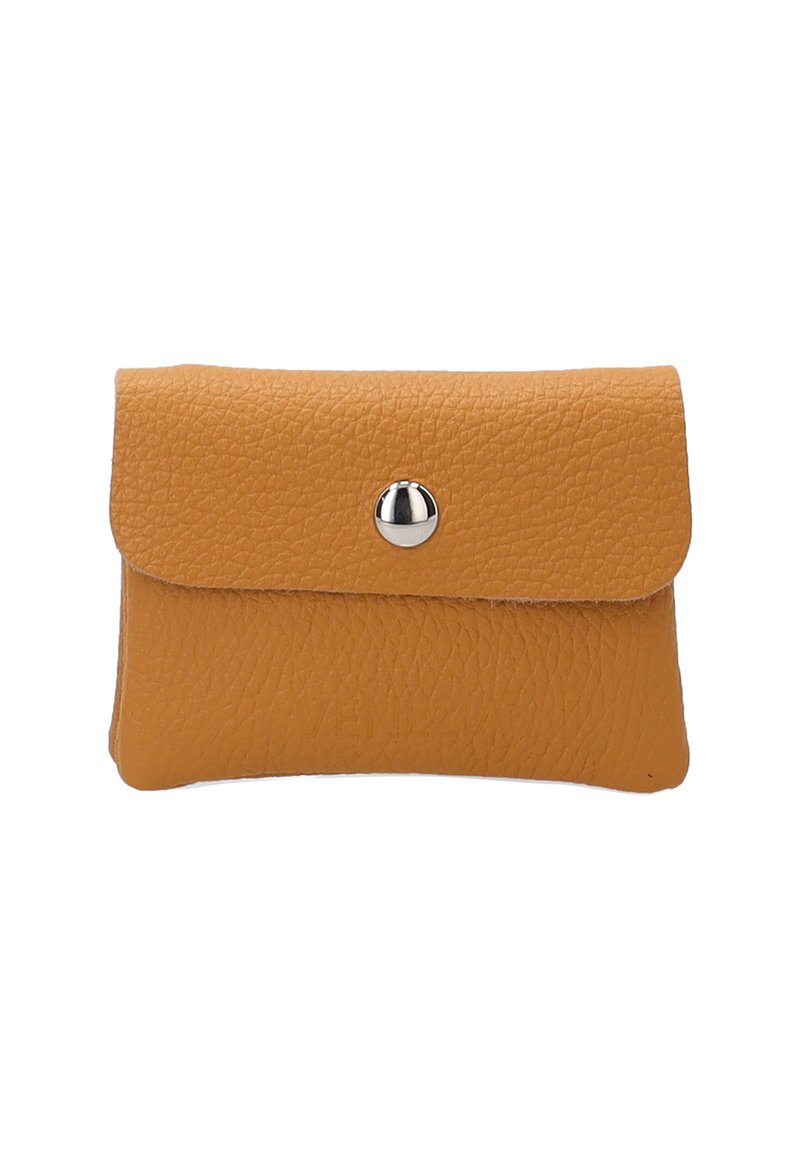 Yellow leather wallet with a textured finish, featuring a flap closure and a silver snap button, slightly rounded edges, compact design.