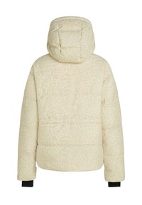 Jasno beżowa kurtka puchowa z teksturowanym wzorem, kapturem i czarnymi mankietami. Design jest kwadratowy z pikowanym wykończeniem.