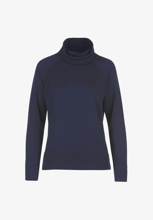Navyblauer Rollkragenpullover aus weichem Material. Mit langen Ärmeln, lockerer Passform und gerippten Bündchen und Saum für zusätzlichen Textur.