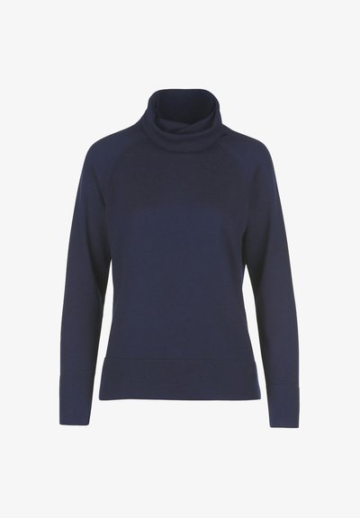 Pulover cu guler înalt de culoare albastru închis, confectionat dintr-un material moale. Are maneci lungi, o croială lejeră și tivuri ondulate atât la maneci, cât și la baza puloverului, pentru o textură suplimentară.