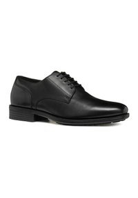 Scarpe eleganti in pelle nera con una finitura liscia, design classico con lacci, punta arrotondata e suola in gomma testurizzata per una migliore aderenza.