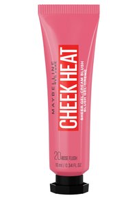 Blush gel-crème transparent Cheek Heat de Maybelline dans un tube rose avec un fond noir hexagonal, étiqueté "20 Rose Flush", 10 ml.