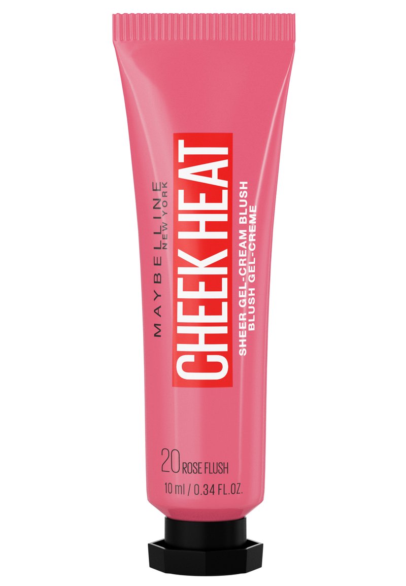 Blush gel-crème transparent Cheek Heat de Maybelline dans un tube rose avec un fond noir hexagonal, étiqueté "20 Rose Flush", 10 ml.