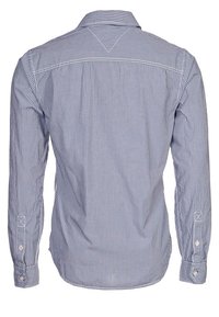 Långärmad skjorta i blå och vita ränder. Har en spetsig krage, knappmanschetter och en slät bomullstextur. Bakre yoke-detalj ingår.