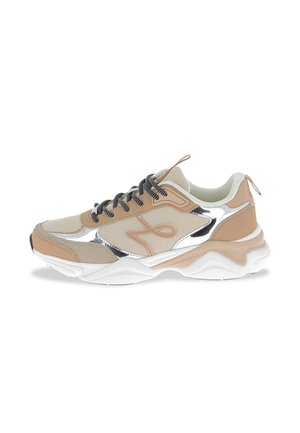 Sneakers featuring a beige mesh upper with tan and gray suede accents, metallic silver details, black laces, and a chunky white sole.