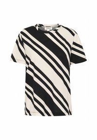Sort-hvid stribet T-shirt lavet af bomuld. Har en rund halsudskæring, korte ærmer og en løs pasform med diagonalt stribemønster.
