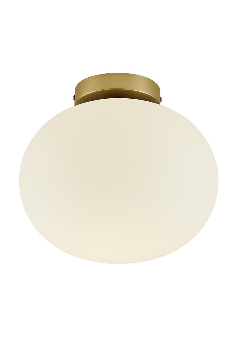 Runde, mit Frostglas überzogene Deckenleuchte mit einem goldfarbenen Metallfuß. Glatte Oberfläche; minimalistische Gestaltung, die sanfte Beleuchtung bietet.