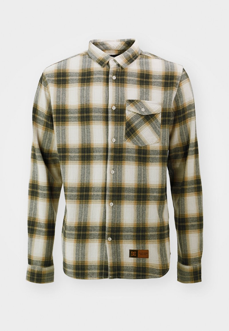 Koszula w kratkę z długim rękawem, z kołnierzykiem zapinanym na guziki, kieszenią z przodu oraz mieszanką zielonego, żółtego i białego koloru w tkaninie flanelowej.