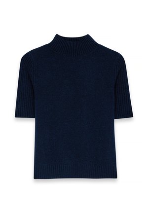 Pull à col roulé bleu marine à manches courtes avec une texture côtelée et une finition en bords-côtes. Tissu doux avec un design structuré et ajusté.