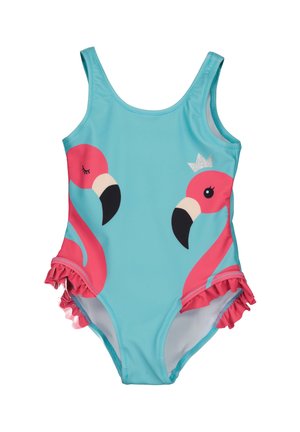 En lyseblå heldragtssvømmedragt med pink flamingoer og sorte detaljer, flæser ved benåbningerne og en sølvfarvet krone.