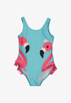 Jasnoniebieski jednoczęściowy strój kąpielowy z różowymi grafikami flamingów, czarnymi akcentami, falbankami na nogawkach i srebrnym detalem korony.