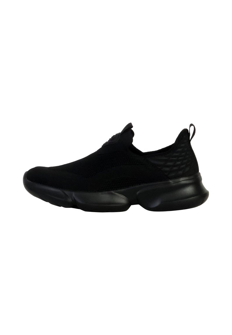 Scarpa sportiva nera slip-on con tomaia in rete testurizzata, collo imbottito e suola in gomma spessa per comfort e supporto.