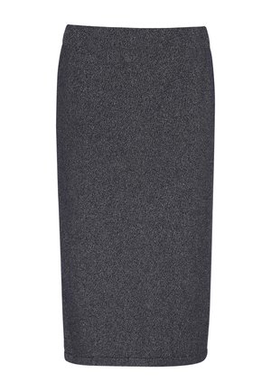 Mørkegrå blyantskirt lavet af et tekstureret stof. Har en slank, lige silhuet med en talje og ingen synlige lukninger.