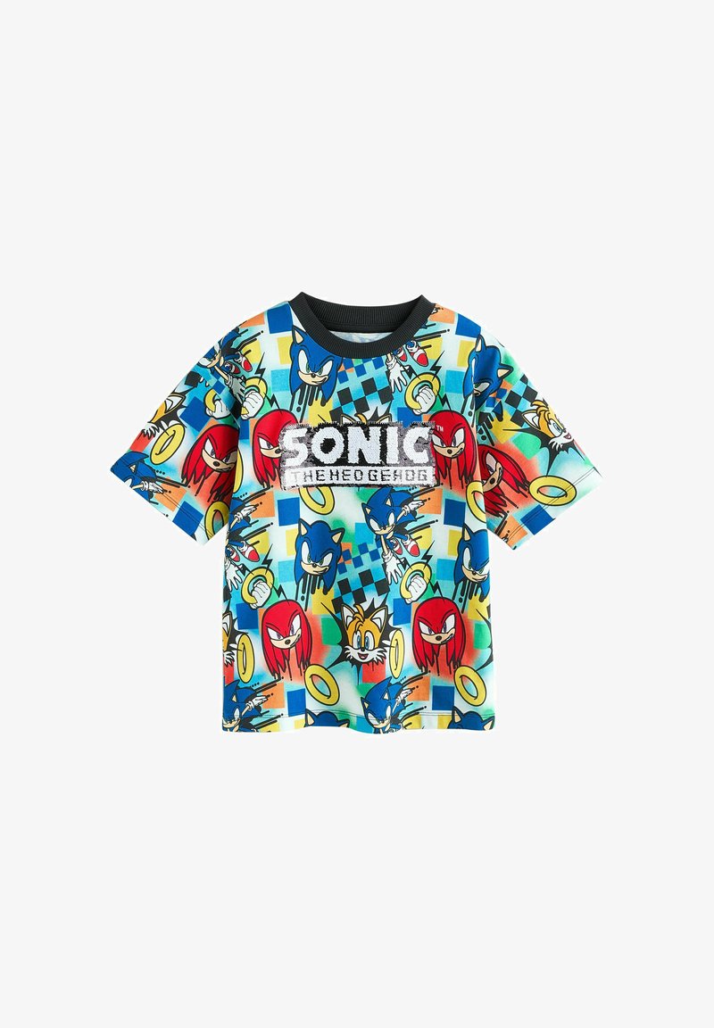 Grafické tričko s barevnými postavami Sonica the Hedgehog na modrožlutém kostkovaném vzoru. Směs bavlny s černým límcem.