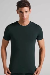 Czarna zielona, dopasowana koszulka z krótkim rękawem z klasycznym okrągłym dekoltem. Gładka tekstura, minimalistyczny design bez wzorów lub widocznych logotypów.