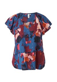 Blouse manches courtes à col en V avec motif abstrait multicolore en bleu, rouge, noir, orange et rose sur un tissu à coupe ample.