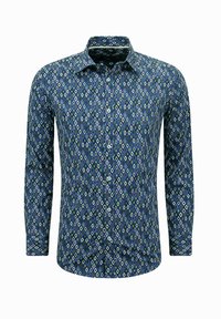 Langsleeve shirt in marineblauw met een geometrisch ruitpatroon in groen en wit. Heeft een kraag en een knopenfront.