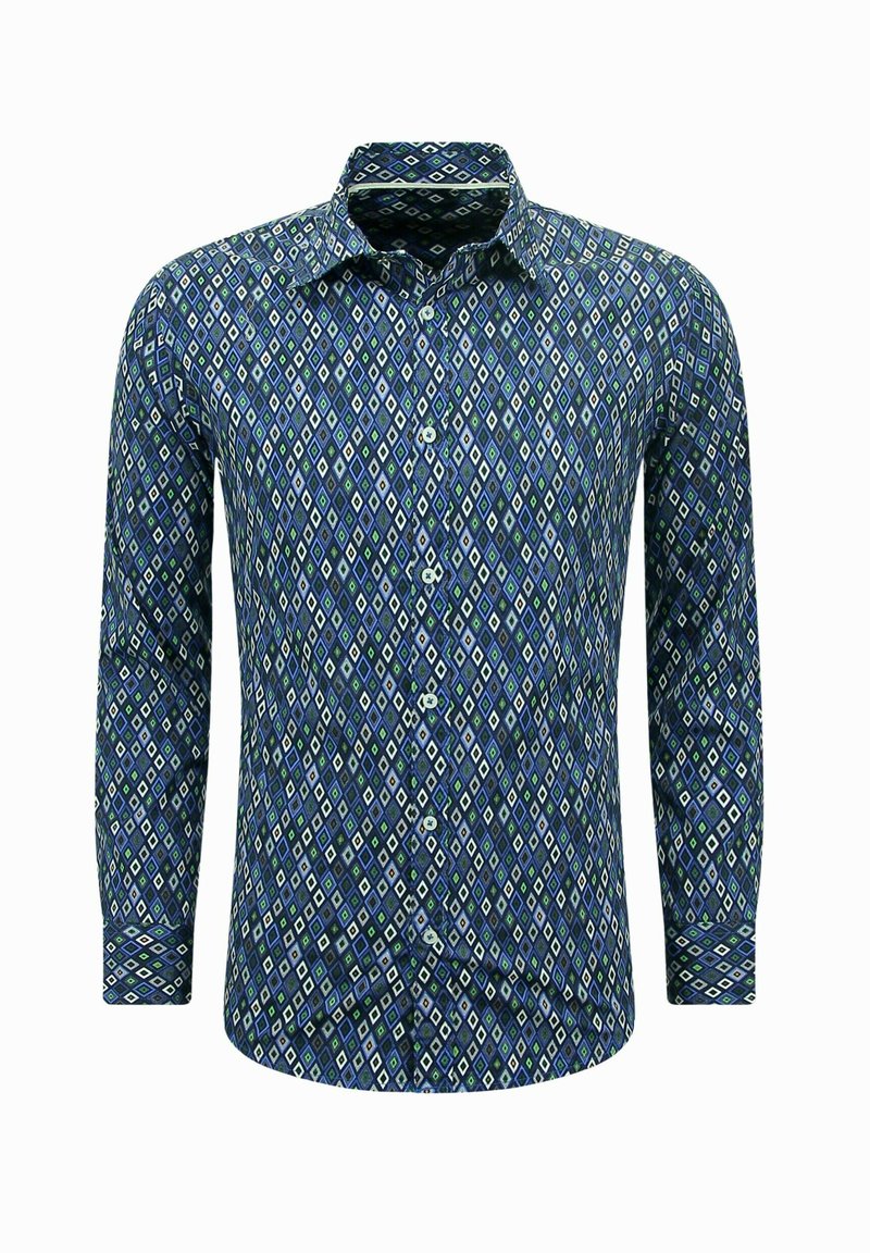 Langsleeve shirt in marineblauw met een geometrisch ruitpatroon in groen en wit. Heeft een kraag en een knopenfront.