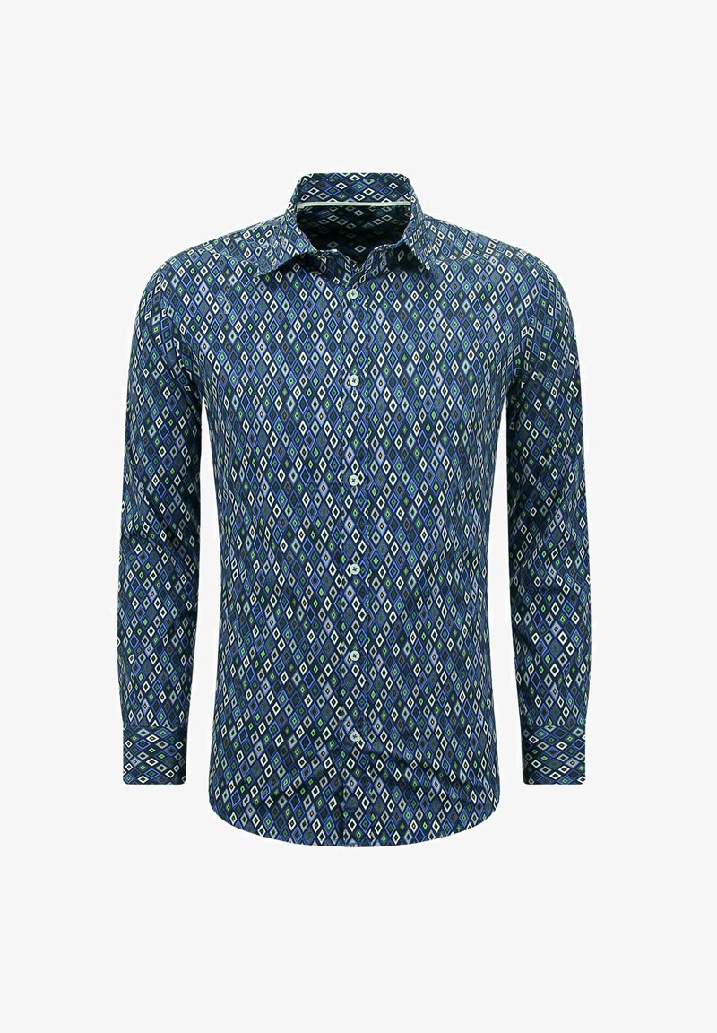 Langsleeve shirt in marineblauw met een geometrisch ruitpatroon in groen en wit. Heeft een kraag en een knopenfront.