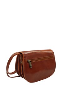 Sac bandoulière en cuir marron avec une texture lisse, une forme incurvée, une poche zippée à l'avant et une sangle avec fermeture à pression. Design simple et fonctionnel.