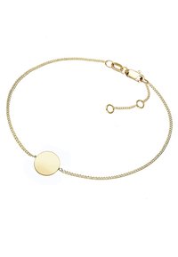 Goldfarbenes Kettenarmband mit einem glatten, runden Charm. Die Kette hat eine strukturierte Oberfläche, einen sicheren Verschluss und eine verstellbare Länge.