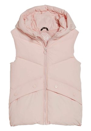 Różowa kamizelka puchowa z kapturem, zapinana na zamek błyskawiczny z przodu oraz zatrzaski, z wzorem w kształcie szewronu. Wykonana z gładkiego, lekkiego materiału.