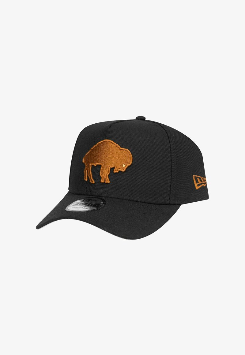 Black cap featuring an orange embroidered bison design on the front, with a curved brim and textured fabric. Includes a brand logo on the side.