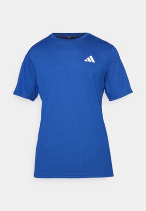 Blue athletic t-shirt made of textured fabric, featuring short sleeves and a crew neck. Displays a white Adidas logo on the left chest.