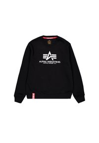 Felpa nera in cotone, con logo bianco "ALPHA INDUSTRIES" e una targhetta decorativa all'orlo. Girocollo classico e maniche lunghe.