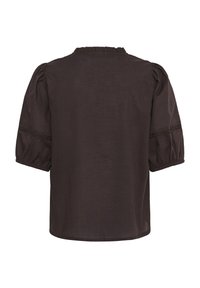 Blouse marron foncé avec manches courtes bouffantes, poignets élastiqués froncés et encolure à volants, vue de dos sur fond blanc.