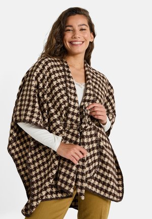 Poncho de cuadros marrón y beige con un frente abierto y un cinturón atado. Textura suave, forma suelta y cuello de chal. Bordes forrados.