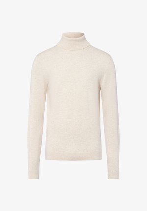 Cremfarbener Rollkragenpullover aus weichem Strickmaterial. Mit langen Ärmeln und einer taillierten Passform, ausgestattet mit gerippten Akzenten am Kragen und Saum.