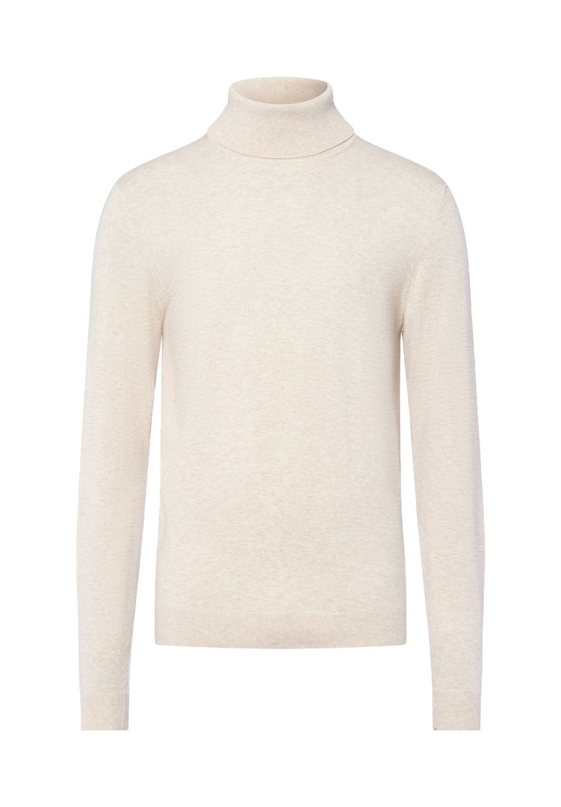Cremfarbener Rollkragenpullover aus weichem Strickmaterial. Mit langen Ärmeln und einer taillierten Passform, ausgestattet mit gerippten Akzenten am Kragen und Saum.