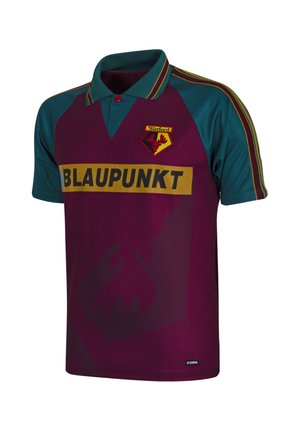Voetbalshirt in kastanjebruin en groen met gele en rode strepen op de mouwen, Watford-logo op de borst en "BLAUPUNKT" sponsor aan de voorkant.