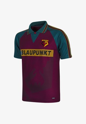 Voetbalshirt in kastanjebruin en groen met gele en rode strepen op de mouwen, Watford-logo op de borst en "BLAUPUNKT" sponsor aan de voorkant.