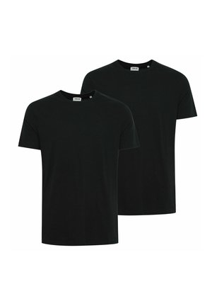 Two plain black short-sleeve crew neck t-shirts displayed side by side on a white background.