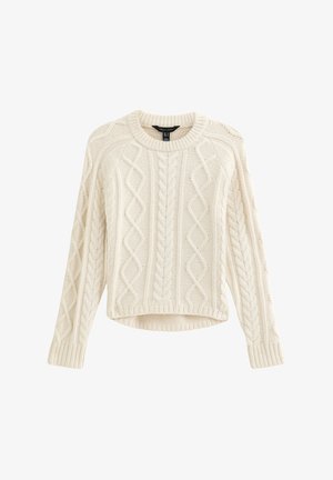 Jasna kremowa sweter z wzorem w warkocze, okrągłym dekoltem i długimi rękawami. Posiada krótki dół i teksturowany materiał dla zapewnienia ciepła.