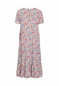Robe midi légère à fleurs, manches courtes, encolure ronde et jupe à volants rose, bleue et rouge sur fond blanc.