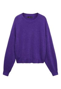 Purple crewneck sweater with long sleeves and ribbed cuffs and hem, displayed on a white background.