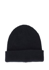 Mørkeblå strikket beanie med ribbet tekstur, der har en foldbar skygge og rund top. Fremstillet af strækbart materiale for komfort og pasform.