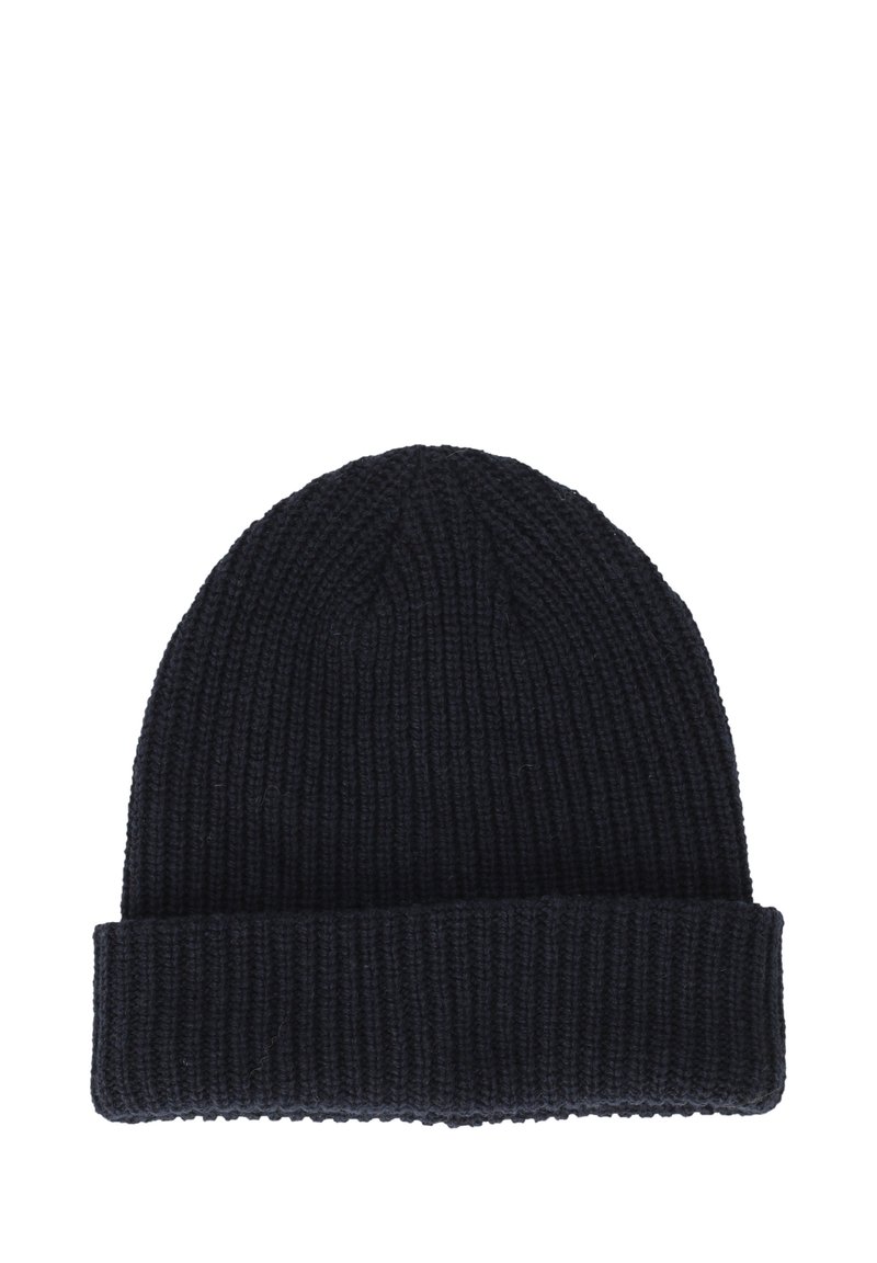 Mørkeblå strikket beanie med ribbet tekstur, der har en foldbar skygge og rund top. Fremstillet af strækbart materiale for komfort og pasform.