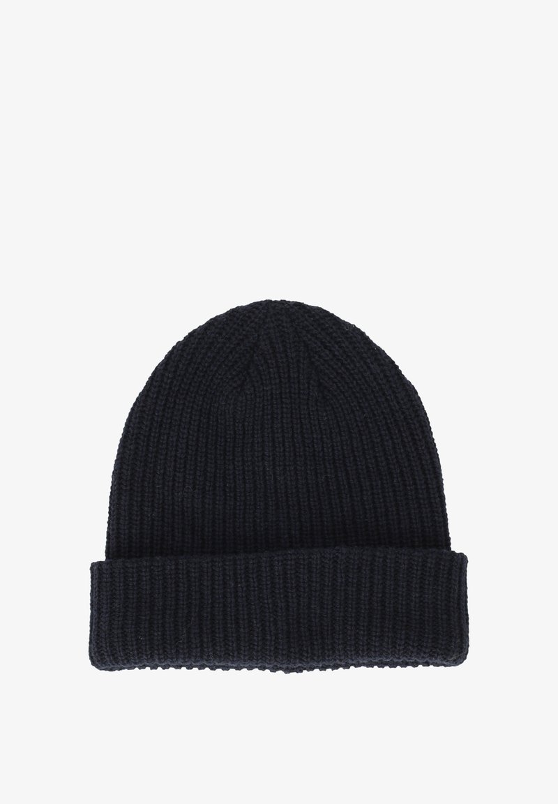 Mørkeblå strikket beanie med ribbet tekstur, der har en foldbar skygge og rund top. Fremstillet af strækbart materiale for komfort og pasform.