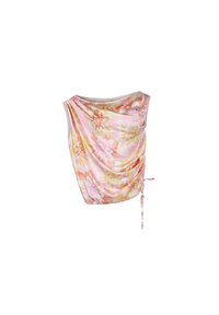 Bluse mit floralem Muster in sanften Rosa- und Gelbtönen, mit einem Drapierungsdesign, einstellbarem Knoten an der Seite und glatter Stofftextur.