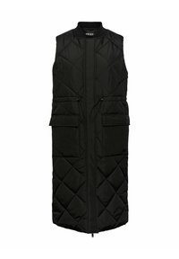 Lång svart puffer-väst med ett kviltat mönster, hög krage, dragkedja fram och två sidofickor. Justerbara snoddar i midjan.