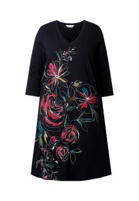 Robe noire avec un décolleté en V et des manches trois-quarts, ornée de broderies florales colorées en rouge, rose, vert et bleu.