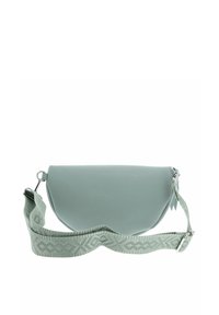 Sac bandoulière en simili cuir vert clair à forme arrondie, avec une sangle décorative à motif et des matériaux en métal argenté.