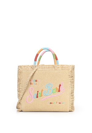 Borsa tote in paglia intrecciata con manici multicolore e "Saint Barth" ricamato con lettere colorate sul davanti con bordi sfrangiati.